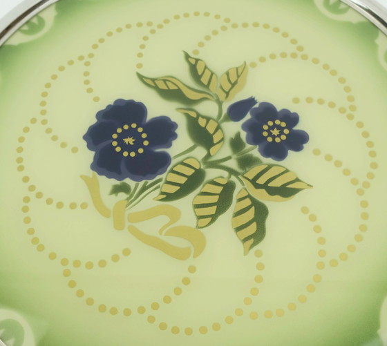 Image 1 of 1930er drehbare Tortenplatte Glas-Chrom-Tortenplatte mit Blumendekor
