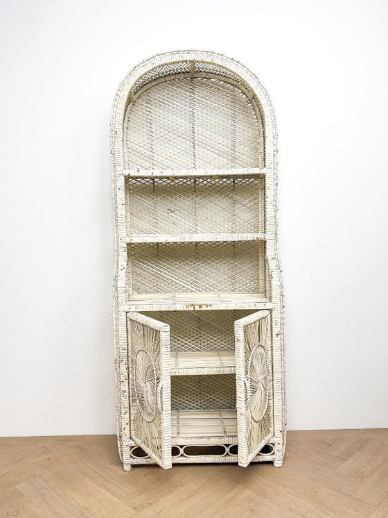 Image 1 of Vintage rattan wicker arch cabinet with sunflower motif