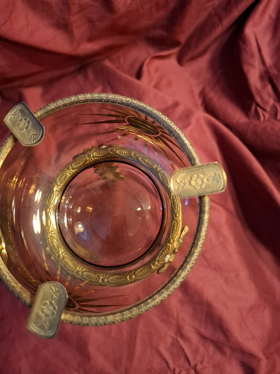 Image 1 of Vintage Mid-Century Amber Glass & Brass Set – 23cm Sunburst Trumpet Vase & 18cm Hollywood Regency Sunflower Ashtray Stand