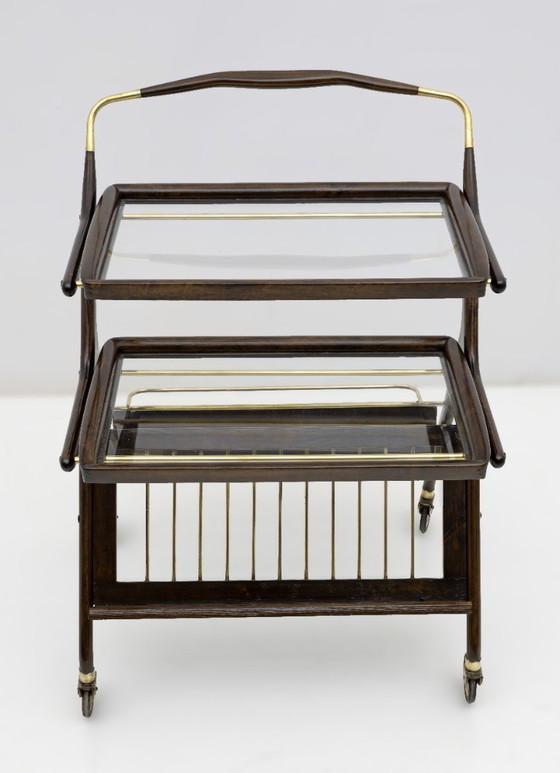Image 1 of Cesare Lacca Mid-Century Modern Italian Walnut and Brass Bar Cart by Cassina 50s