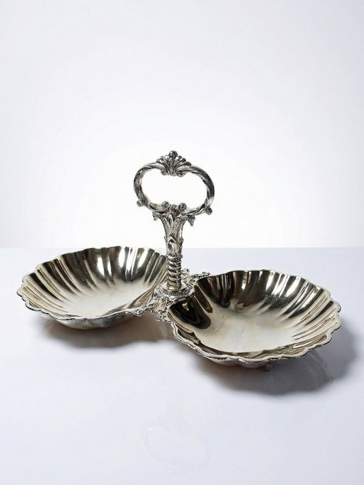 Antique double serving set in light gold-tone metal, vintage shell cup design, 1950s-1970s