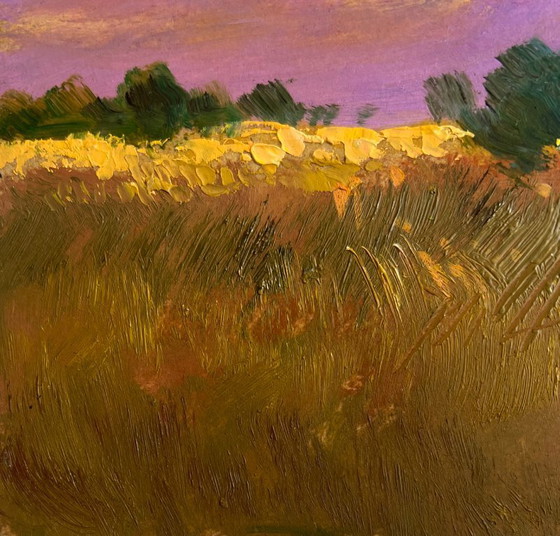 Image 1 of Original Oil Painting Sunset Field Landscape Gold of the passing day