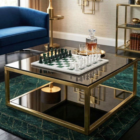 Image 1 of Scacchiera italiana Volterra in alabastro degli anni '70, nei rari colori verde foresta e bianco.