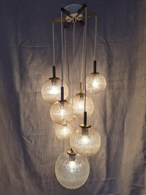 Vintage 1970s French Cascade Chandelier by Parscot – 7 Glass Globes, Brass & Textured Glass, Mid-Century Pendant Light