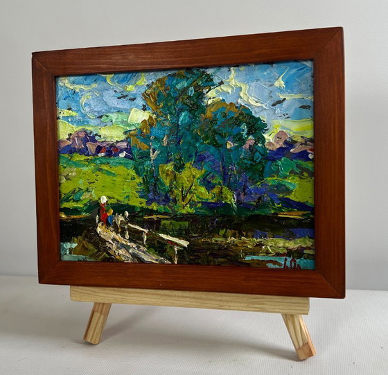 Image 1 of Original Oil Painting Village Bridge Landscape On the spring river