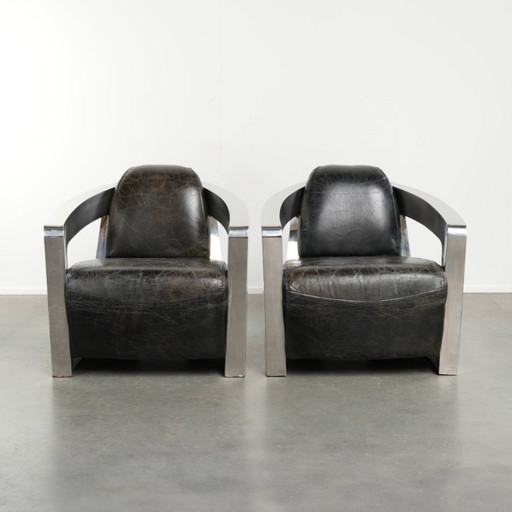 Industrial set of two black cowhide Aviator design armchairs with aluminium and rivets – fauteuils, Leather