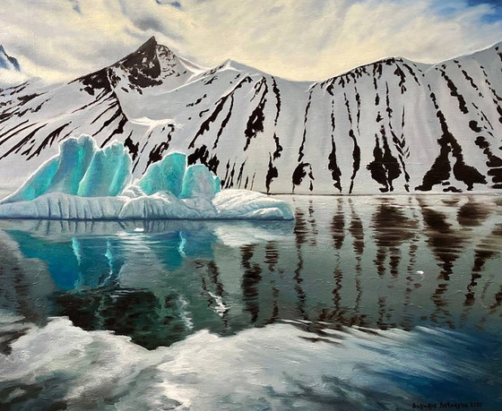 Originales Ölgemälde: Winterlandschaft mit Felsen, Insel und Eisberg im Meer – Gemälde & Zeichnungen, Canvas (photo 4 of 7)