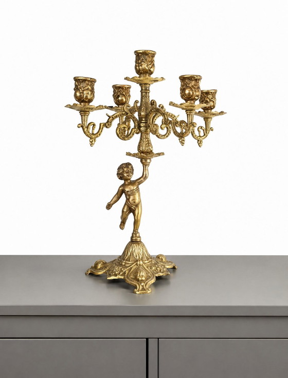 Image 1 of Candélabres baroque en laiton massif style baroque Louis xv chérubin putti 