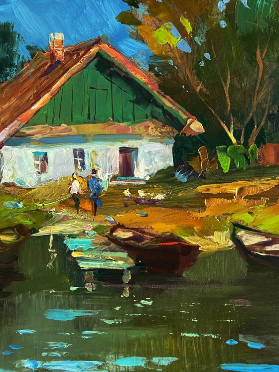 Image 1 of Origineel olieverfschilderij: Landelijk landschap, rivierboten bij het huis.