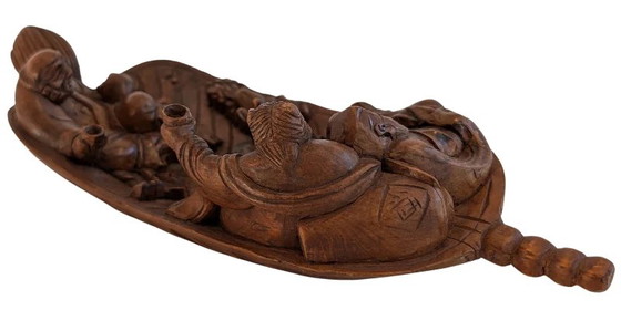 Chinees houten snijwerk, 19e eeuw – Onsterfelijken in een boot. – Beeldhouwkunst, Wood (photo 8 of 10)