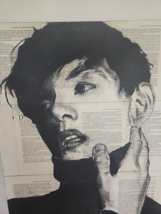 Image 1 of Unique Mixed Media Portrait on Antique Newspaper – 90x60 cm