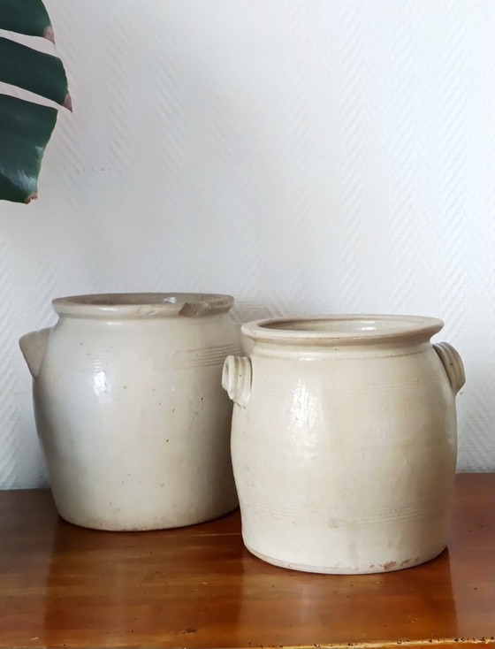 2x glasierte Steingut-Fettgefäße 1900, Dekorative Objekte, Keramik, Beige, Vintage (Foto 2 von 7)