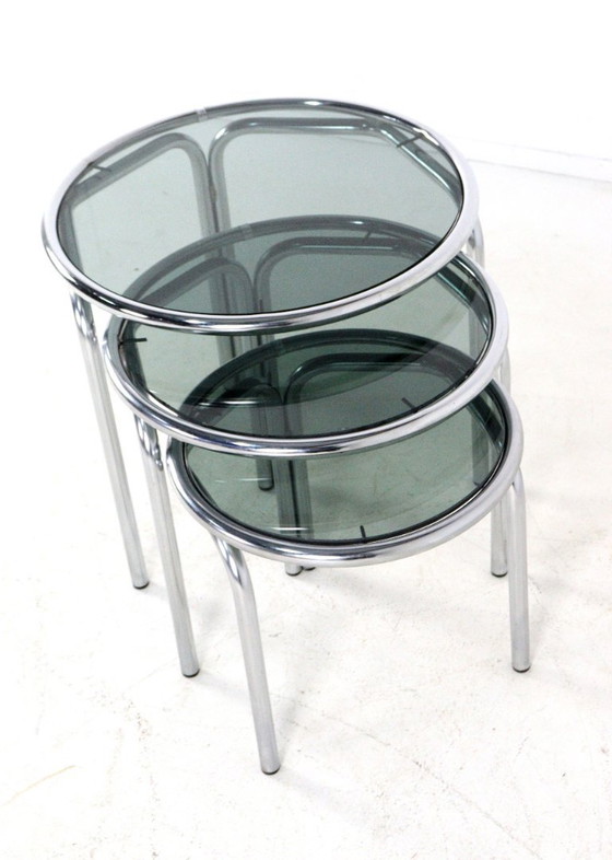 Image 1 of Italian round chrome nesting tables smoked glass vintage