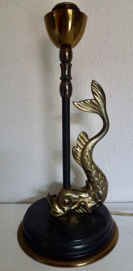 Image 1 of Table lamp with brass fish (Koi Carp), Hollywood Regency style.