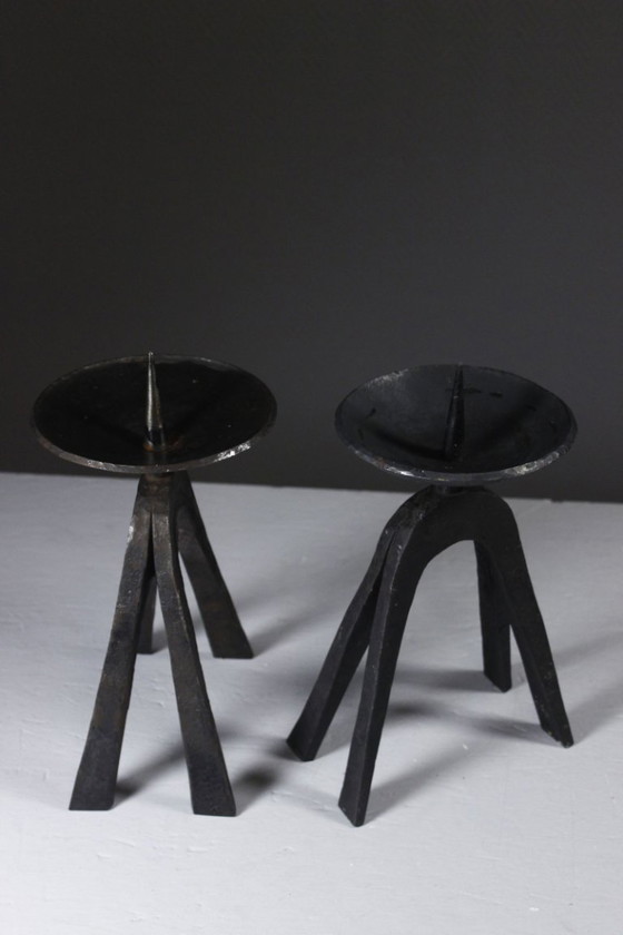 Image 1 of Pair of wrought iron candlestick holders, brutalist modernist design, 1950s