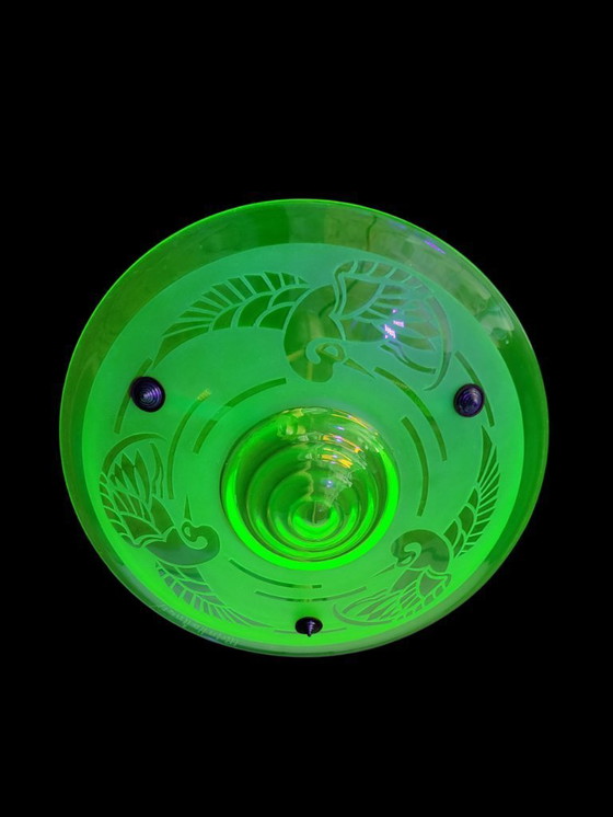 Image 1 of Very rare French Art Deco uranium chandelier from ca. 1925 by André Delatte with etched bird motif