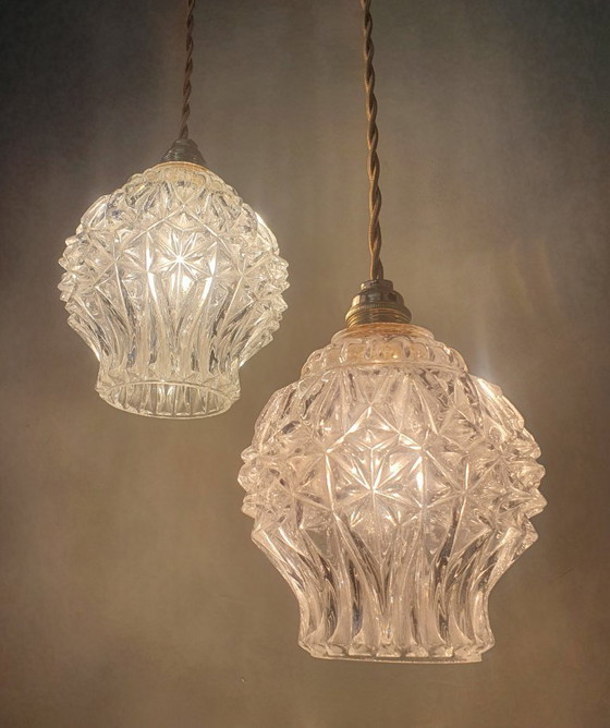 Image 1 of Set van 2 Vintage getextureerde bollampen - hanglampen - midcentury design. 