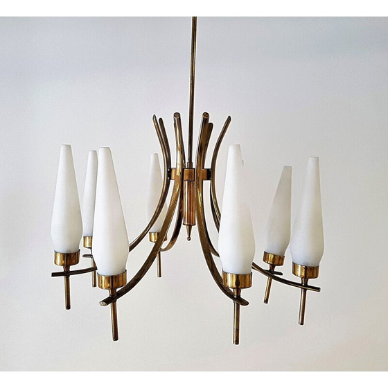 Image 1 of Italian "Tulip" chandelier in glass and brass - 1950s