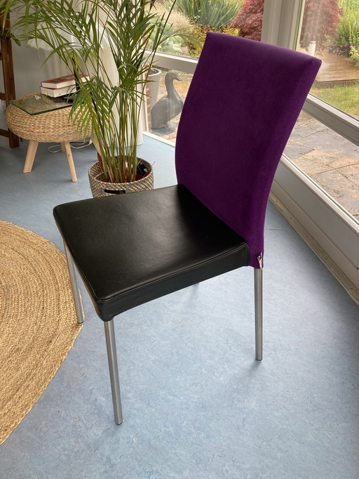 4 Topform dining chairs, leather, fabric and stainless steel