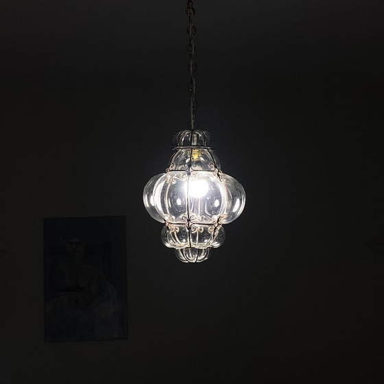 Image 1 of Lámpara colgante grande de cristal enjaulado, lámpara de araña antigua de Murano, farol veneciano transparente