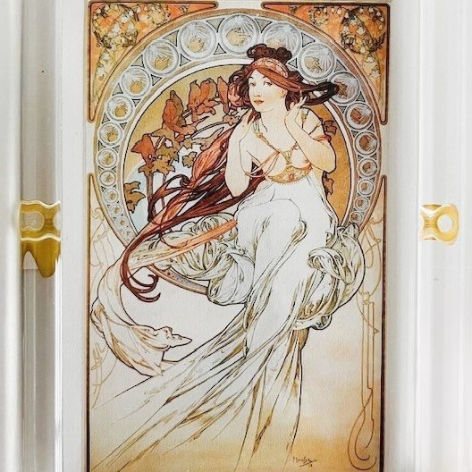 Image 1 of Vintage art nouveau Mucha schilderij The Arts: Music print in Waterford Crystal kristallen fotolijst 1980's