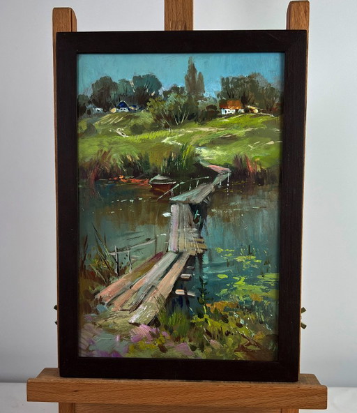 Original Oil Painting Summer River Landscape Bridge to the village