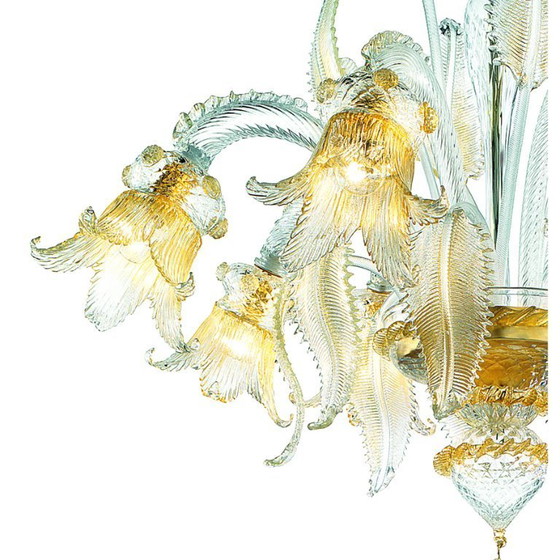 Image 1 of Luxury Italian Clear and Gold-Leaf Chandelier With Flowers and Leaves Murano Glass