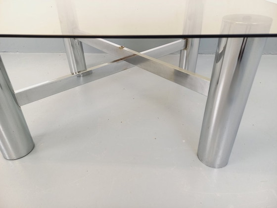 Image 1 of Vintage Italian square Space Age coffee table in smoked glass and chrome metal from the 1970s