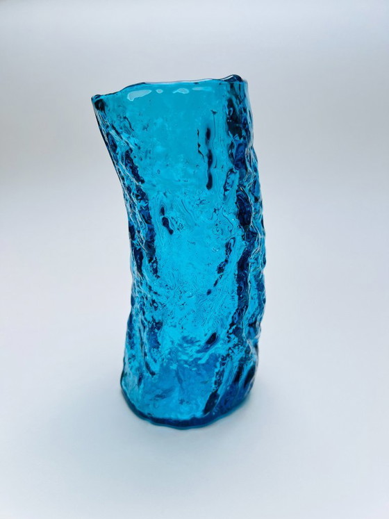 Image 1 of Vintage textured frosted glass vase, mid-century modern look, bark glass, Ingrid Whitefriars Bark turquoise blue