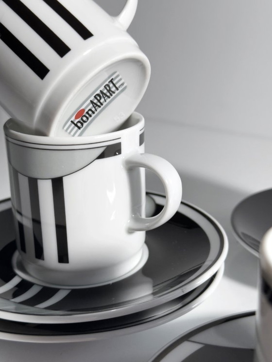 Image 1 of 4x Espresso Tassen 80er Art Deco Revival Bon Apart Grafisch Streifen Schwarz Weiß