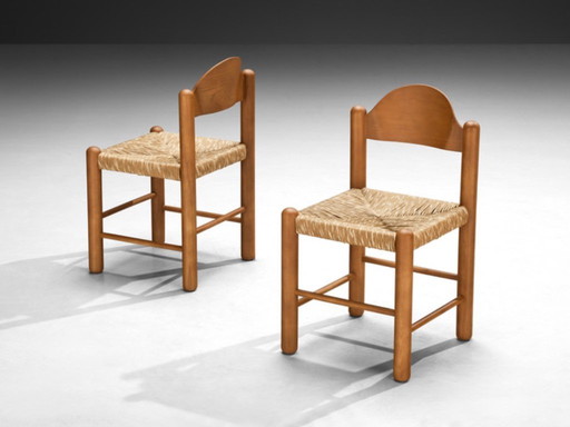 Set di quattro sedie da pranzo, in legno di frassino e paglia, Italia, anni '70.