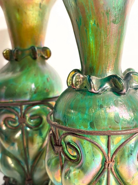 Pair of 1920s Loetz Glass and Wrought Iron Vases – Art Nouveau (photo 7 of 21)