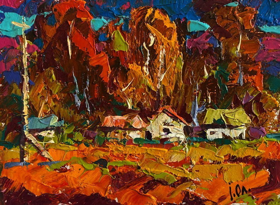 Image 1 of Original Oil Painting Evening Field Landscape Crimson autumn in the village
