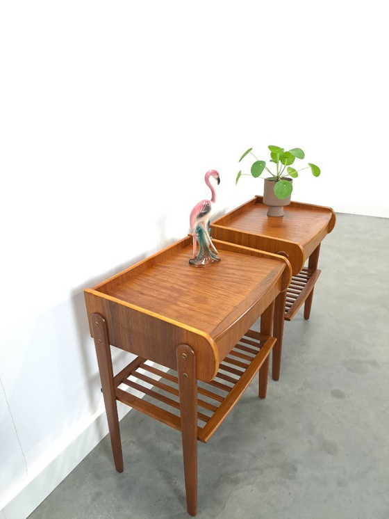 Image 1 of Teak veneer bedside table set with drawer from Sweden