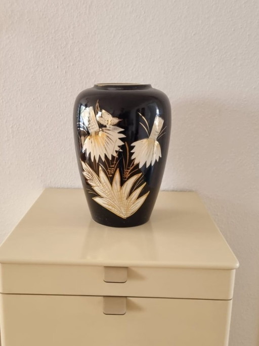 Vintage Bay Keramik Vase 236/30 – Schwarz mit Gold-Dekor – 50er/60er Jahre