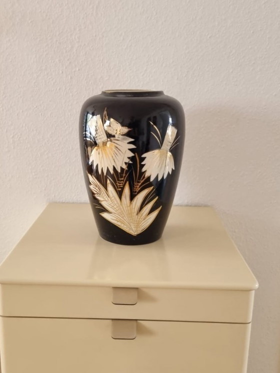 Image 1 of Vaso in ceramica Vintage Bay 236/30 – Nero con decoro in oro – anni '50/'60