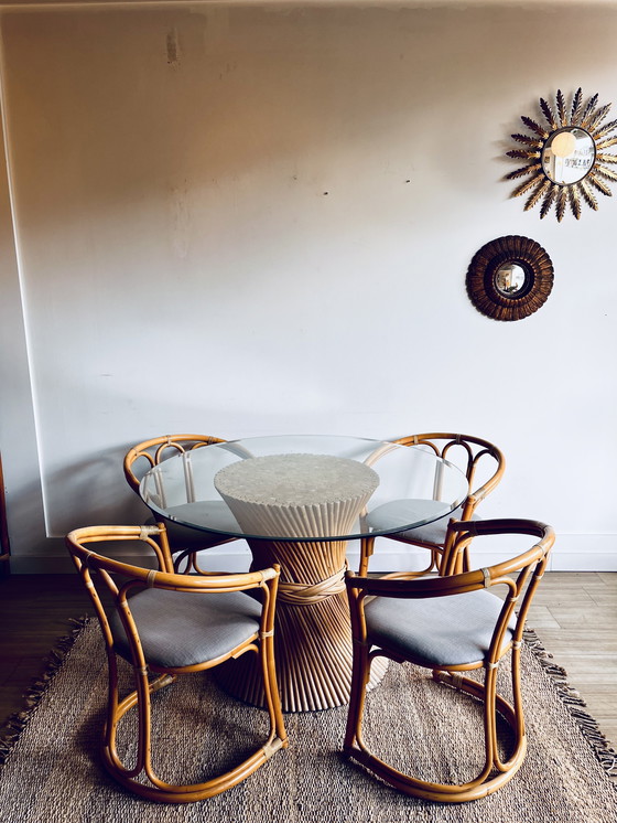 Image 1 of McGuire Rattan Bamboo Sheaf of Wheat Dining Table American Design