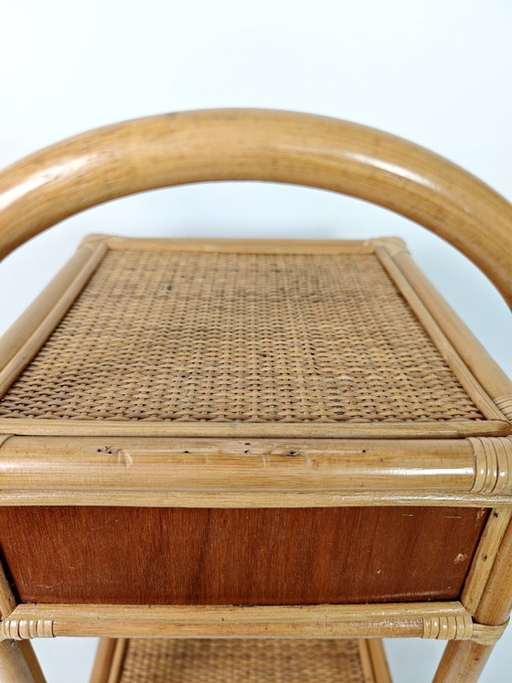 Image 1 of Vintage Rattan Bedside Table / 1970s Bamboo Nightstand / Boho Side Table with Drawer / Wicker Furniture / Coastal Bohemian Decor