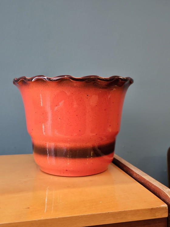 Vintage Orange Brown Ceramic Wavy Flower Pot, Vases (photo 3 of 7)