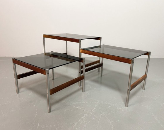 Image 1 of Fristho Mid-Century Dutch Design Nesting Tables with Smokey Glass Top and Wenge with Chrome Base, Set of 3, 1960s.