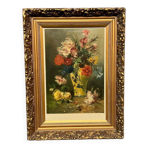 Stilleven met bloemen. Olieverf op doek. Gesigneerd door de kunstenaar. – schilderijen tekeningen, Canvas