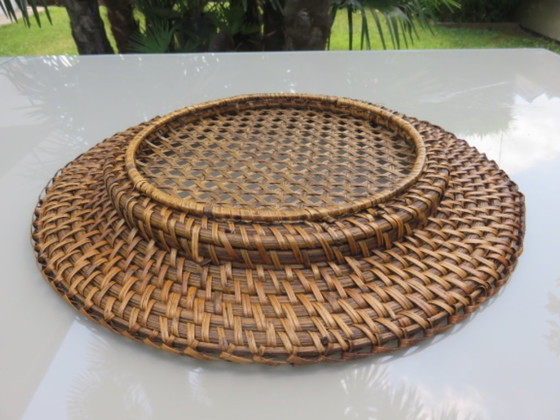 Image 1 of Set of 6 rattan and wicker platters, France, 1970