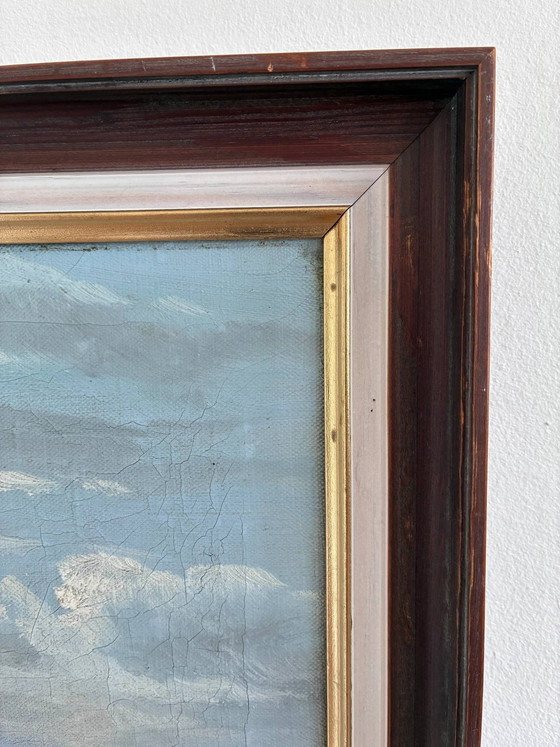 Image 1 of Peinture à l'huile originale ancienne représentant un paysage de campagne, signée.
