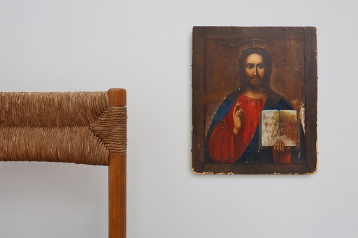 19th-Century Russian Religious Icon of Christ Pantocrator, Hand-Painted on Wood