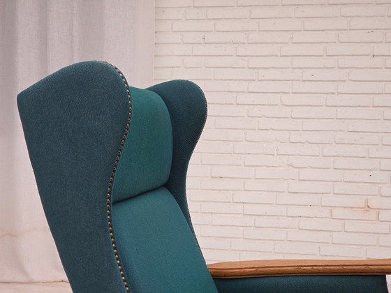 Image 1 of Poltrona danese con schienale alto, anni '70, mobili in lana verde turco, legno massello di rovere.