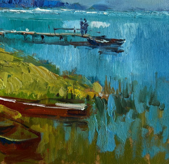 Image 1 of Original Oil Painting Coastal House Landscape House near the river