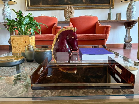 Image 1 of Hollywood Regency dienblad van messing en lucite met schildpadmotief, Italië, jaren 70.