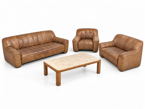 Ensemble de Sofas De Sede DS-44: 3 places, 2 places, fauteuil et table en marbre et cuir De Sede
