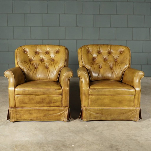 Fauteuils Chesterfield vintage – Cuir vert – Années 1970 – Leather