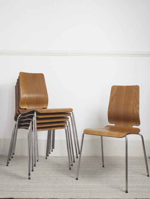 Chaises IKEA Gilbert en teck vintage, ensemble de 6 chaises de salle à manger empilables en contreplaqué de teck, style scandina